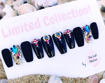 Black Press on nails Glossy | Press on nails Black Matte | Jewelry decoration | False Glue on Nails Swarovski crystals | Black Fake Nails