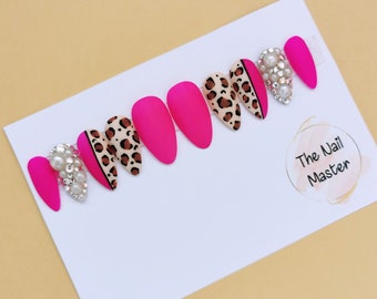 Pink Press on Nails Matte | Leopard Nails Crystal Pearl | Jeweled Pink false nails, Unique Stick on nails , Fake Glue on Nails