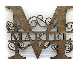 May include: Wooden wall decor featuring the letter "M" twice, with the name "MARTEL" cut out between the letters. The letters are decorated with intricate scrollwork.