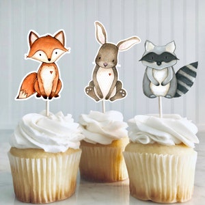 Woodland Cupcake Toppers Greenery,  Woodland Baby Shower Decor,  Forest Animals, Woodland Birthday Decorations