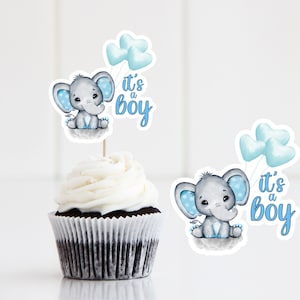 Elephant Cupcake Toppers, Boy Elephant Baby Shower, Blue Elephant Baby Shower, It’s a Boy Cupcake Toppers