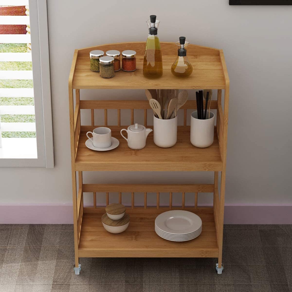3Tier Storage Shelf Unit On Wheels Bamboo Kitchen Serving Etsy