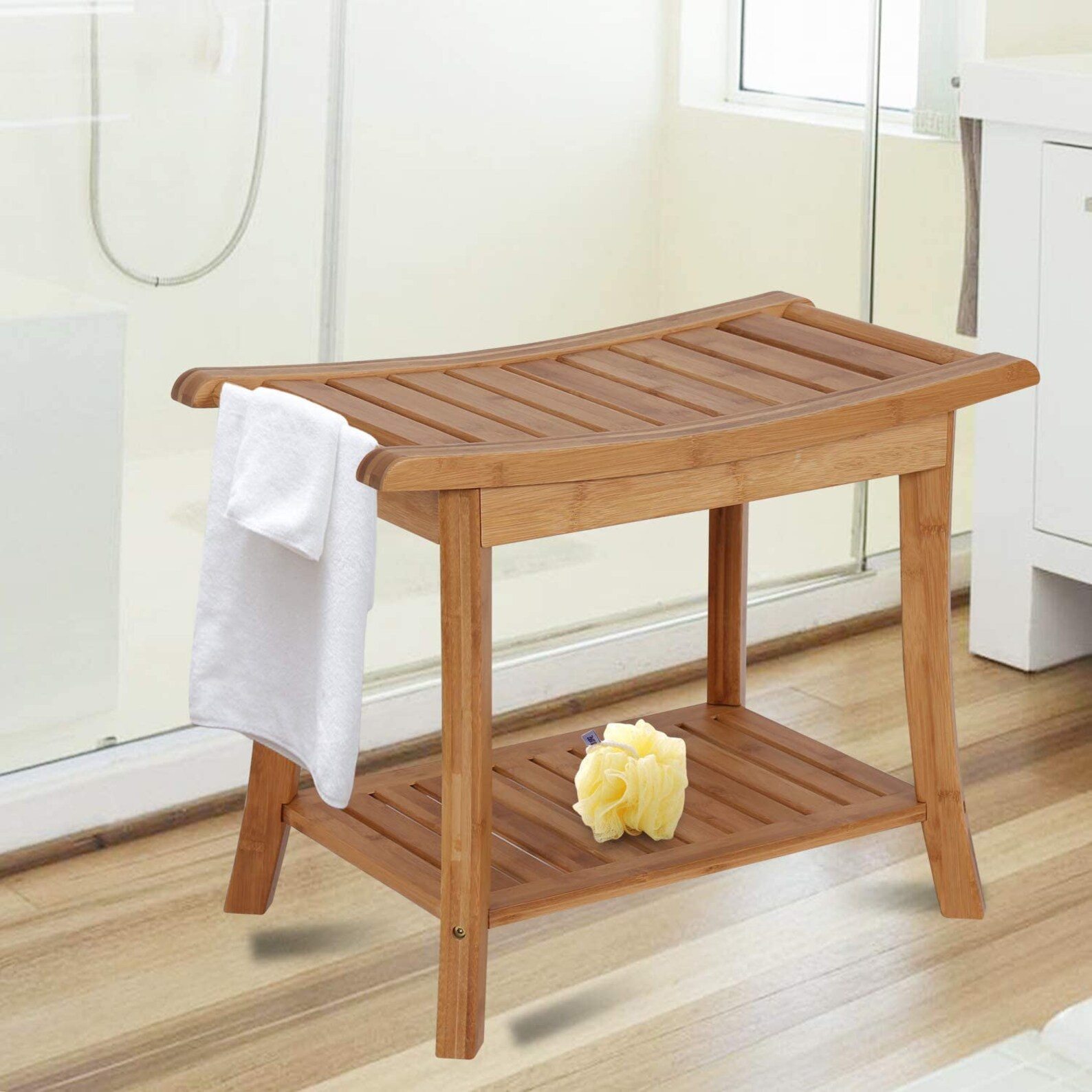 Bamboo Shower Bench for bathroom with Shelves Waterproof Bath Etsy