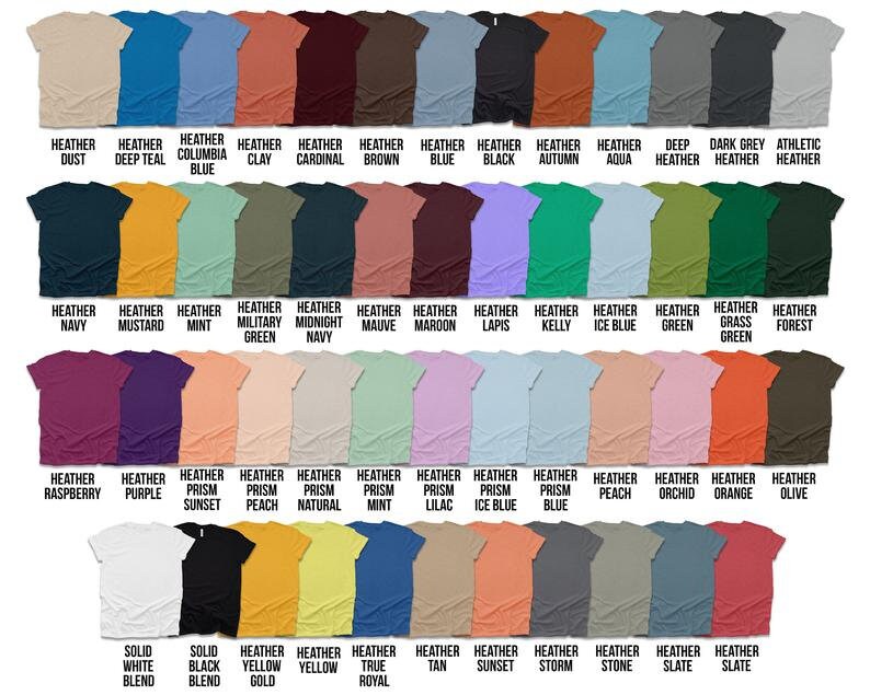 May include: A chart of 50 different heather colors for t-shirts. The colors are arranged in rows and columns, with the names of each color listed below. The colors include heather dust, deep teal, columbia blue, clay, cardinal, brown, blue, black, autumn, aqua, deep heather, dark grey heather, athletic heather, navy, mustard, mint, military green, midnight navy, mauve, maroon, lapis, kelly, ice blue, green, grass green, forest, raspberry, purple, prism sunset, prism peach, prism natural, prism mint, prism lilac, prism ice blue, prism blue, peach, orchid, orange, olive, solid white blend, solid black blend, heather yellow gold, heather yellow, true royal, tan, sunset, storm, stone, slate, slate.