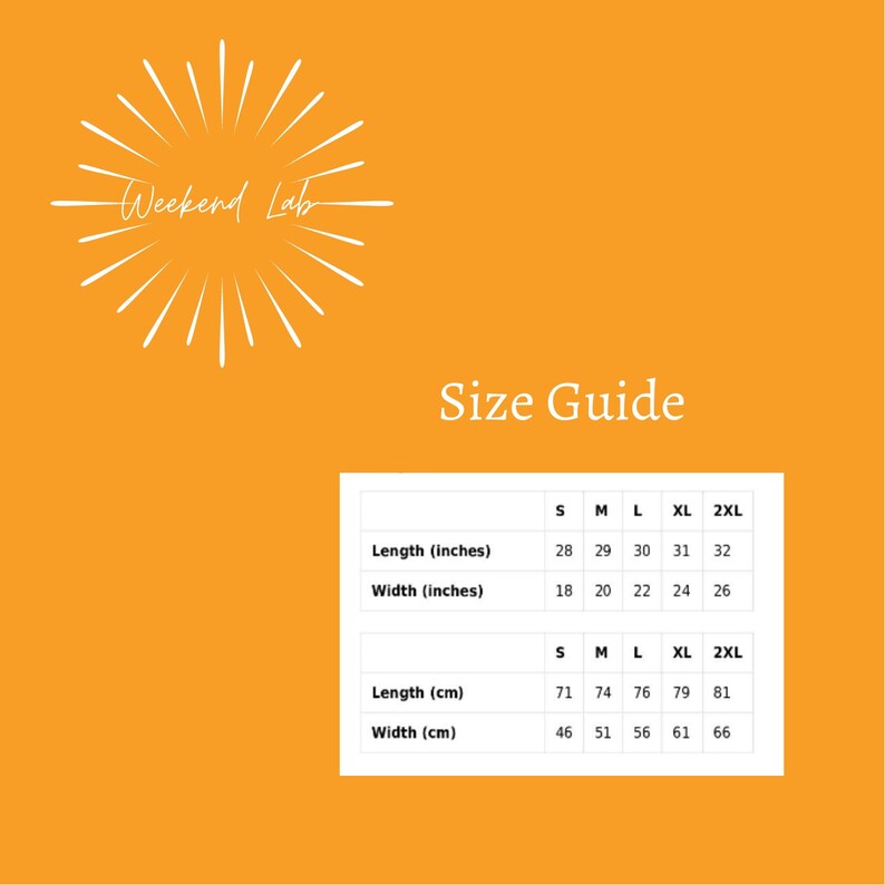 May include: Size guide chart for clothing with measurements in inches and centimeters. The chart shows the length and width of the clothing in sizes S, M, L, XL, and 2XL.