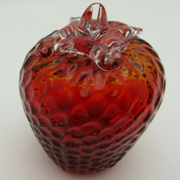 Vintage Kanawha Art Glass Red Strawberry Paperweight Figurine Clear Stem