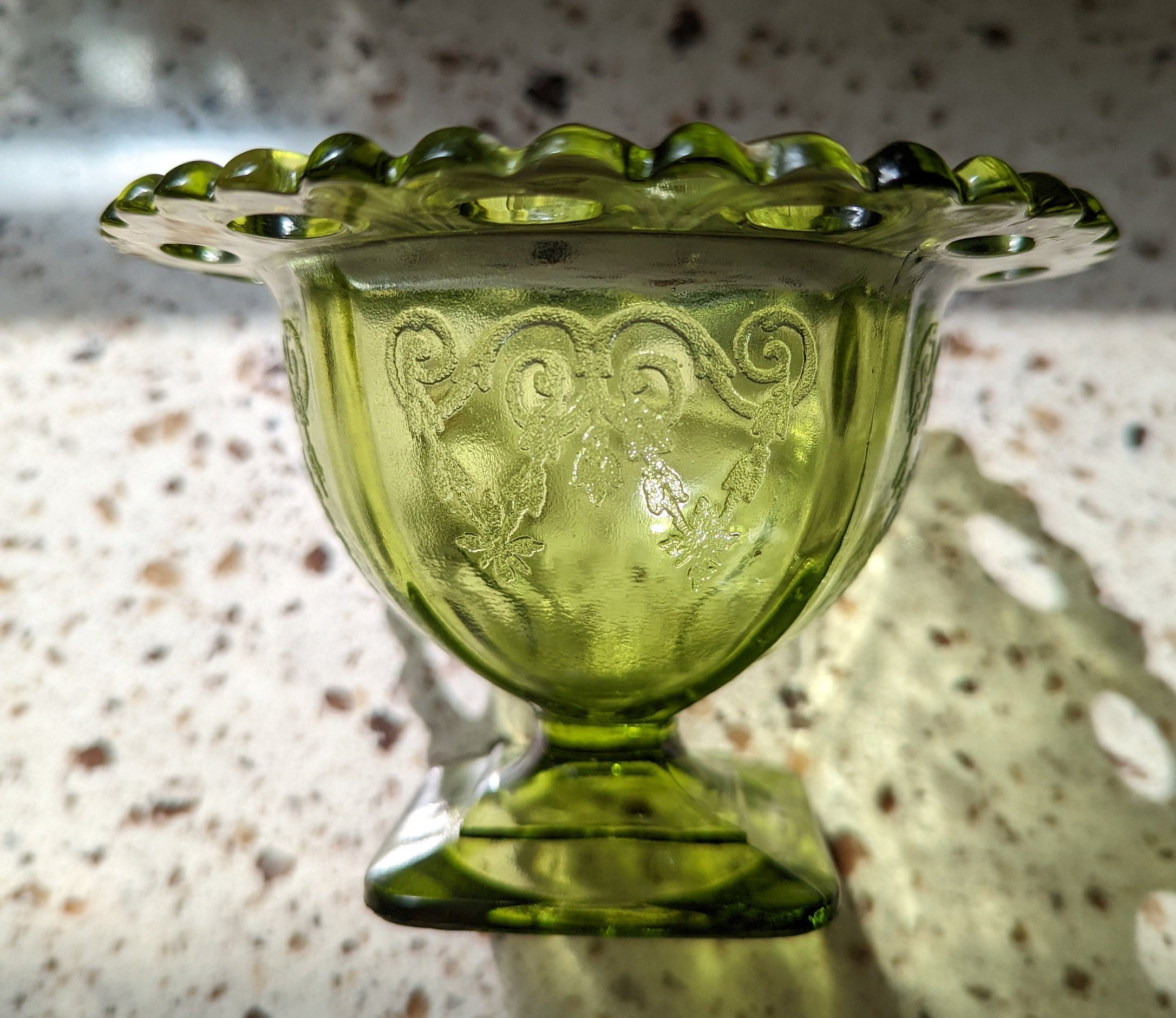 Art Deco Vintage Uranium Glass Etched Compote Bowl, Fostoria Beverly Green 276