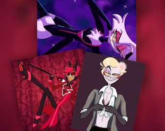 May include: Three digital illustrations of cartoon characters. The first illustration is of a red demon with horns and a red suit playing a violin. The second illustration is of a blonde demon with a white shirt and a gray jacket. The third illustration is of a white demon with black wings and a black and red suit.