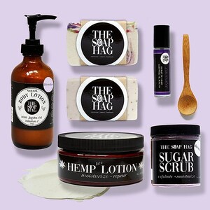Lavender Fields Skin Care Bundle | Body Lotion | Sugar Scrub | Bar Soap | Essential Oil Roll On | Gift Set