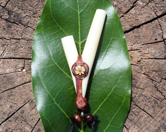 Necklace BONE KURIPE Self Applicator | Minimalist Snuff Pipe | Bearing a Peruvian Turquoise Stone & an Aya Vine Piece