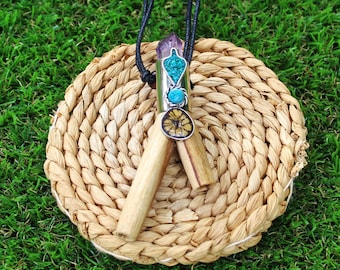 NECKLACE KURIPE made of Palo Santo with Aya Vine Piece, Peruvian Turquoise, and Amethyst