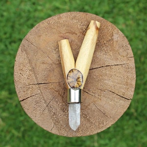 Könnte beinhalten: Ein Holzanhänger mit einer klaren Quarzkristallspitze und einem braunen und goldenen Stein mit Muster. Der Anhänger hängt an einer silbernen Kette.