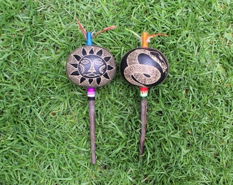 Set of Unique Ceremonial Shipibo Rattles [SUNMOON & SNAKE] | Handle made of Chonta Wood | Handmade by Shipibo People - Pucallpa, Peru