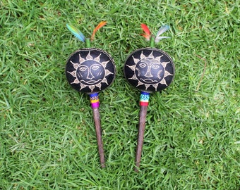 Set of Unique Ceremonial Shipibo Rattles [SUN & MOON] | Handle made of Chonta Wood | Handmade by Shipibo People - Pucallpa, Peru