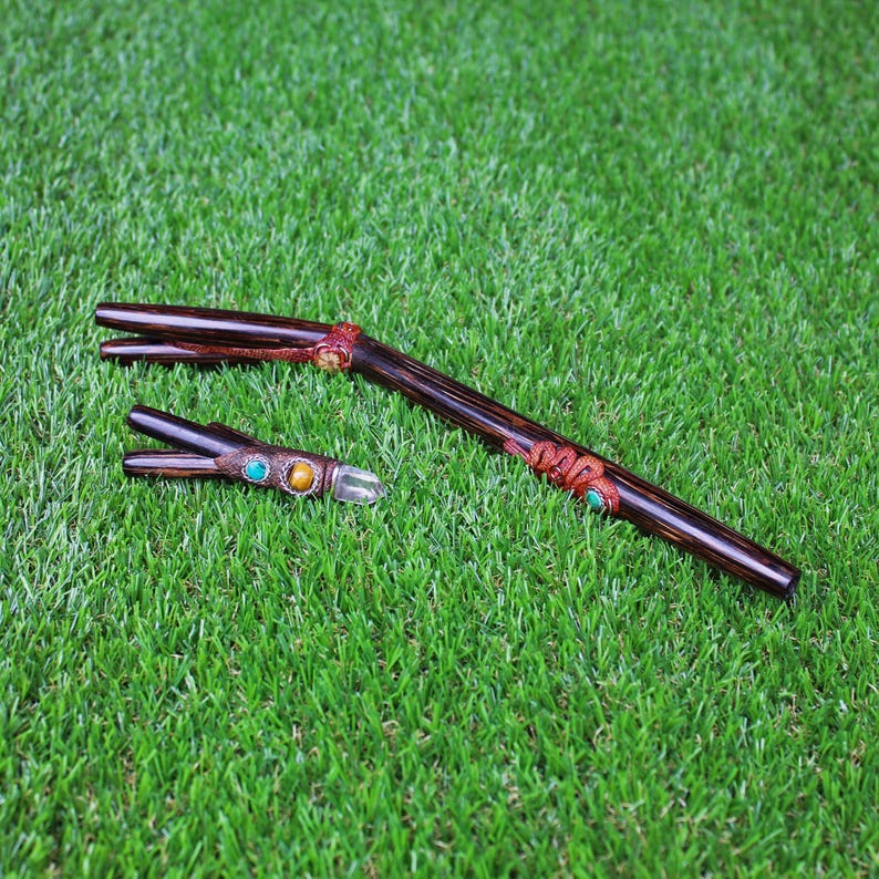 SET TEPI & KURIPE | Double Nostril | Made of Chonta Wood | With Peruvian Turquoise, Aya Vine, Tiger Eye, Crystal Quartz | From Cusco - Peru