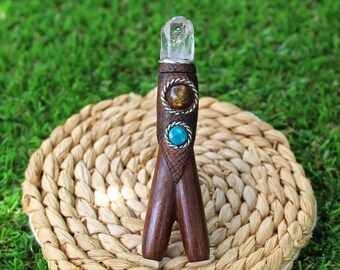 KURIPE DOUBLE of Madera Negra with Peruvian Turquoise, Tiger Eye, and Raw Clear Quartz