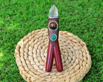 KURIPE DOUBLE of Palo Sangre with Peruvian Turquoise, Tiger Eye, and Raw Clear Quartz