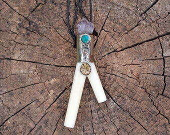 NECKLACE KURIPE made of Llama Bone with Aya Vine Piece, Peruvian Turquoise, and Amethyst