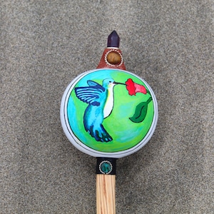 Hand-painted Hummingbird Maraca | Amethyst + Tiger Eye + Peruvian Turquoise | Handle part made of Aya Wood | Shamanic Rattle from Peru
