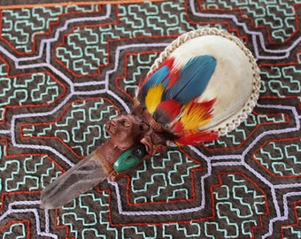 Shamanic Ceremonial Maraca from Peru | With Peruvian Turquoise + Jaguar-Snake-Condor Figure | Handle part made of Clear Quartz Crystal