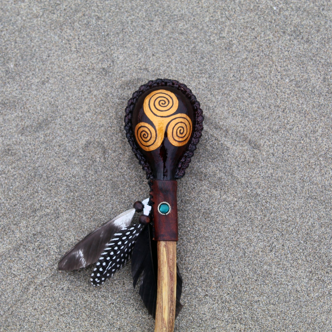 Maracra Design Handmade TRISKELION Design Maraca | Peruvian Turquoise + Feathers ...