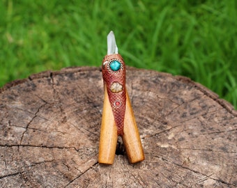 KURIPE DOUBLE of Algarrobo Wood with Peruvian Turquoise, Aya Vine, and Raw Clear Quartz