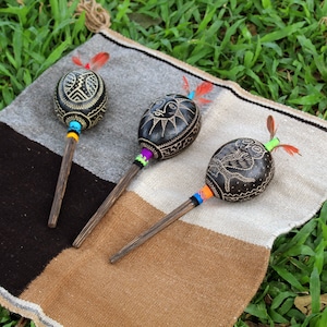 Medium Head Shamanic Ceremonial Shipibo Maraca ~ Rattle | Handle part made of Chonta Wood | Handmade by Shipibo People from Pucallpa - Peru