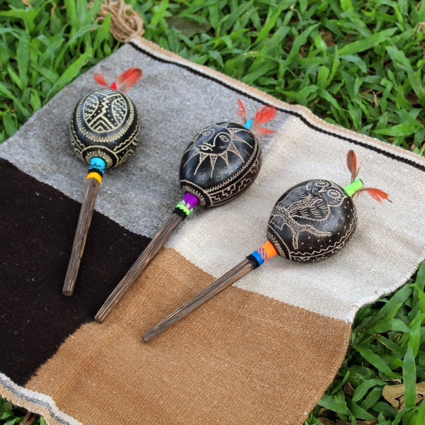 Medium Head Shamanic Ceremonial Shipibo Maraca ~ Rattle | Handle part made of Chonta Wood | Handmade by Shipibo People from Pucallpa - Peru