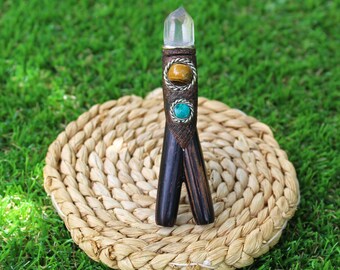 KURIPE DOUBLE of Chonta with Peruvian Turquoise, Tiger Eye, and Raw Clear Quartz