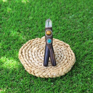 SET TEPI & KURIPE | Double Nostril | Made of Chonta Wood | With Peruvian Turquoise, Aya Vine, Tiger Eye, Crystal Quartz | From Cusco - Peru