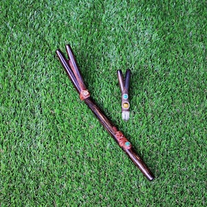 SET TEPI & KURIPE | Double Nostril | Made of Chonta Wood | With Peruvian Turquoise, Aya Vine, Tiger Eye, Crystal Quartz | From Cusco - Peru