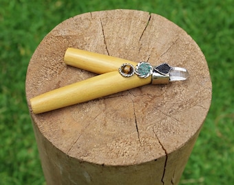 KURIPE APPLICATOR made of Capirona Wood with a Tiger Eye Cabochon, Peruvian Turquoise, and Clear Quartz Point