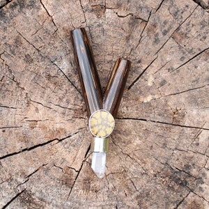 Kuripe Self Applicator made of CHONTA WOOD | Bearing a Peruvian Turquoise Stone, an Aya Vine Piece & a Clear Quartz