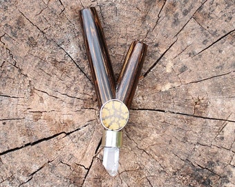 Kuripe Self Applicator made of CHONTA WOOD | Bearing a Peruvian Turquoise Stone, an Aya Vine Piece & a Clear Quartz