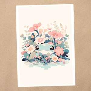 Impressão de arte 4 x 6 | Sapo doce em flores, animal floral, flores de primavera | Cartão postal de arte de anime kawaii | 121AP