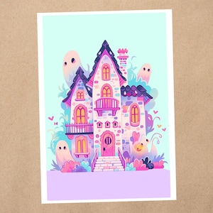 Impressão de arte 4 x 6 | Casa mal-assombrada mágica e assustadora de Halloween | Cartão postal de arte de anime Kawaii Pastel World | 377AP
