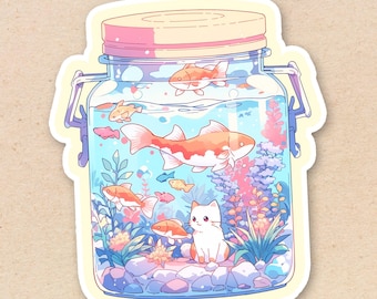 Kawaii Aesthetic Vinyl Sticker | Adorable Surreal Anime Cat in a Jar | Laptop Waterproof Sticker | Cute Ocean Sticker | Planner Sticker| 295