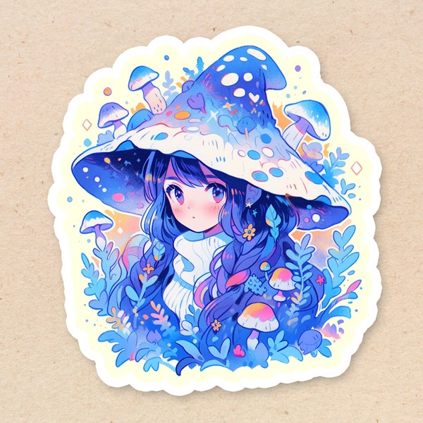 Kawaii Mushroom Girl Vinyl Sticker | Adorable Nature Anime Girl | Laptop Waterproof Sticker | Cute Pastel Fantasy Forest Sticker V5 | 237