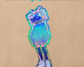 TV Head Punk Glitter Sparkle holografische vinylsticker | Waterdicht kawaii-esthetische sticker voor waterflessen en laptops