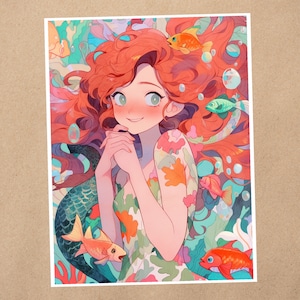 Impressão de arte 4 x 6 | Sereia doce, fantasia oceânica, arte subaquática | Cartão postal de arte de anime kawaii | 506AP