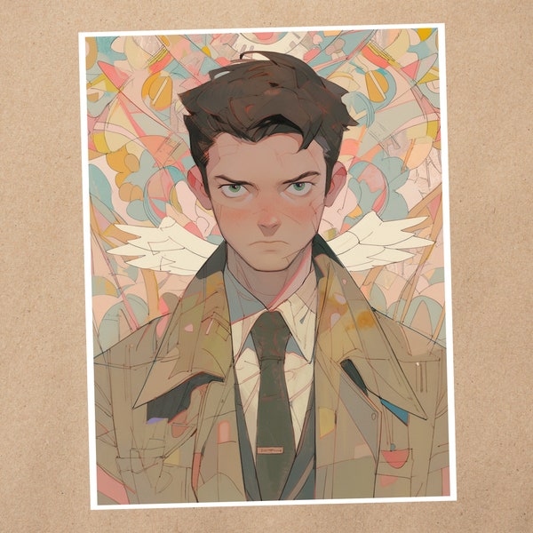 4 x 6 Art Print | Castiel Fan Art, Supernatural, Angel in a Trenchcoat | Kawaii Pastel World Anime Art Postcard | 442AP