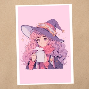 Impressão de arte 4 x 6 | Bruxa nerd de cabelos cacheados com café | Arte do mundo mágico rosa | Cartão postal de arte de anime kawaii | 371AP