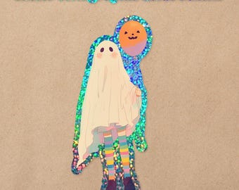 Sheet Ghost Spooky Glitter Sparkle Holographic Vinyl Sticker | Waterproof Kawaii Halloween Aesthetic Decal for Water Bottles&Laptops