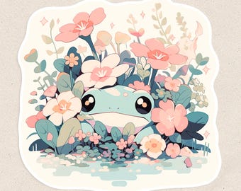 Kawaii Frog and Flowers Waterproof Matte Vinyl Decal | Hydro Flask Cute Anime Sticker | Kawaii Animal Floral Sticker | 121