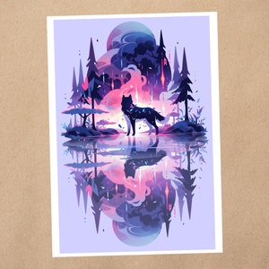 Impression d'art 4 x 6 | Loup nocturne de la forêt magique | postale d'art d'Anime kawaii | 358PA