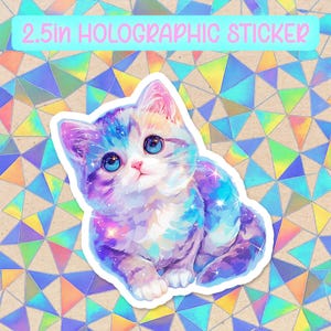 Cute Kitten Holographic Vinyl Sticker | Waterproof Kawaii Aesthetic Cat Decal for Water Bottles&Laptops