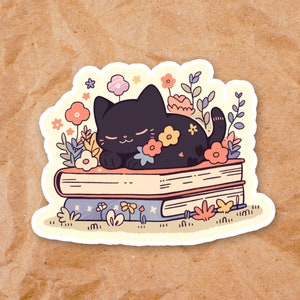 Kawaii Aesthetic Vinyl Sticker | Adorable Cat on Book in Flowers | Laptop Waterproof Sticker | Cute Nerdy Reading Book Sticker 263