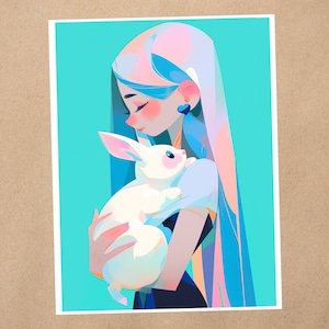 10x15 Kunstdruck | Zauberhaftes Hasenmädchen | Kawaii Pastell World Anime Kunst Postkarte | 387AP