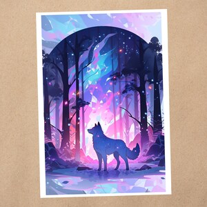 Impressão de arte 4 x 6 | Lobo da noite da floresta mágica | Cartão postal de arte de anime kawaii | 356AP