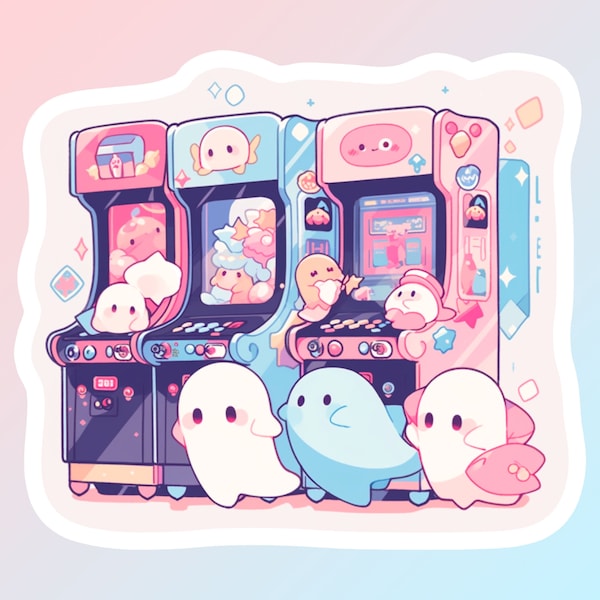 Kawaii Ghosts go to the Arcade Waterproof Vinyl Decal | Hydro Flask Cute Anime Sticker | Kawaii Spooky Sticker | 124